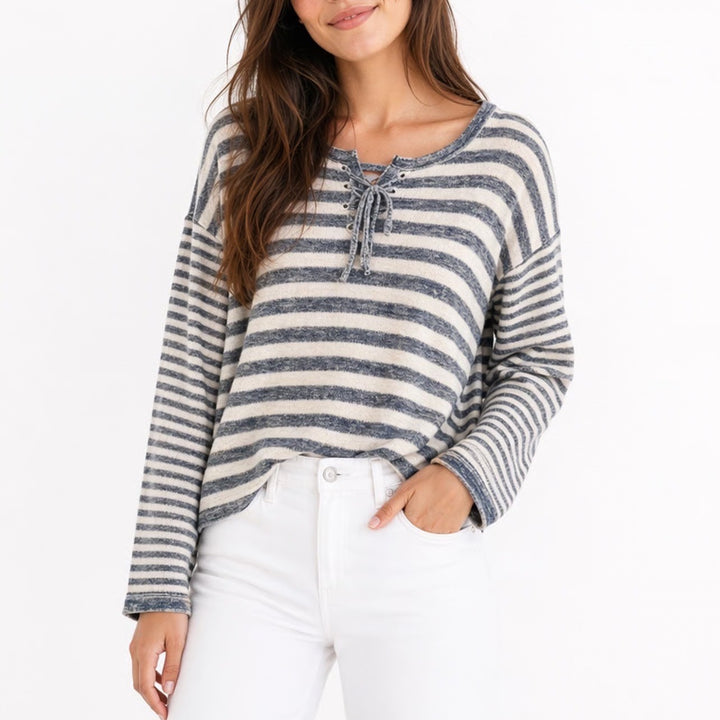 Hem & Thread Sweater Womens Medium Blue White Striped High Low Hem Long Sleeve