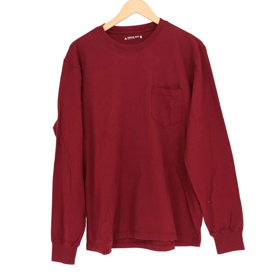 American Giant T-Shirt Mens M Maroon Cotton Long Sleeve Front Pocket Crew Neck