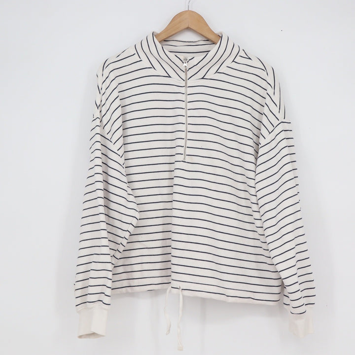 Old Navy Womens XL Striped Quarter Zip Pullover Sweatshirt White Navy Blue