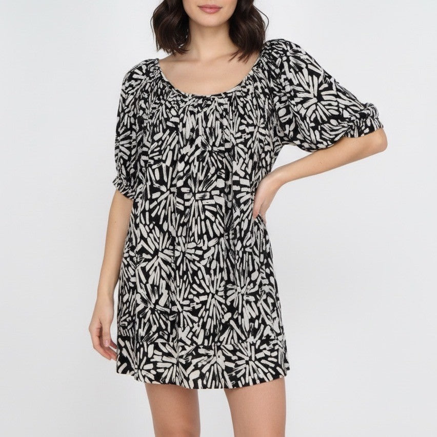 Mini Dress Womens Black White Printed Pleated Off-the-Shoulder Puff Sleeve
