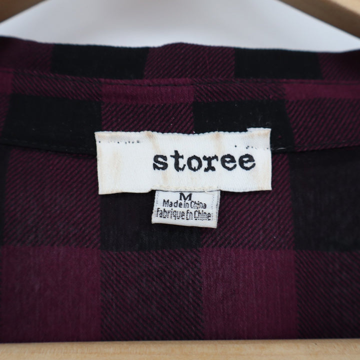 Storne Tunic Blouse Women M Red Black Check Hi Low Hem Spread Collar Long Sleeve