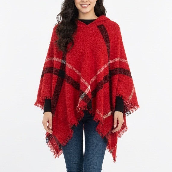 Knitted Hood Poncho Womens One Size Red Black Plaid Fringe Trim Outdoor Wear