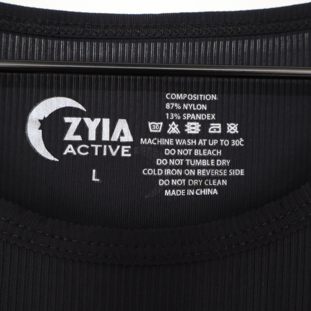 Zyia Active Composition Tank Top Women L Black Ribbed Knit Round Neck Curved Hem