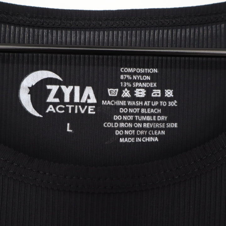 Zyia Active Composition Tank Top Women L Black Ribbed Knit Round Neck Curved Hem
