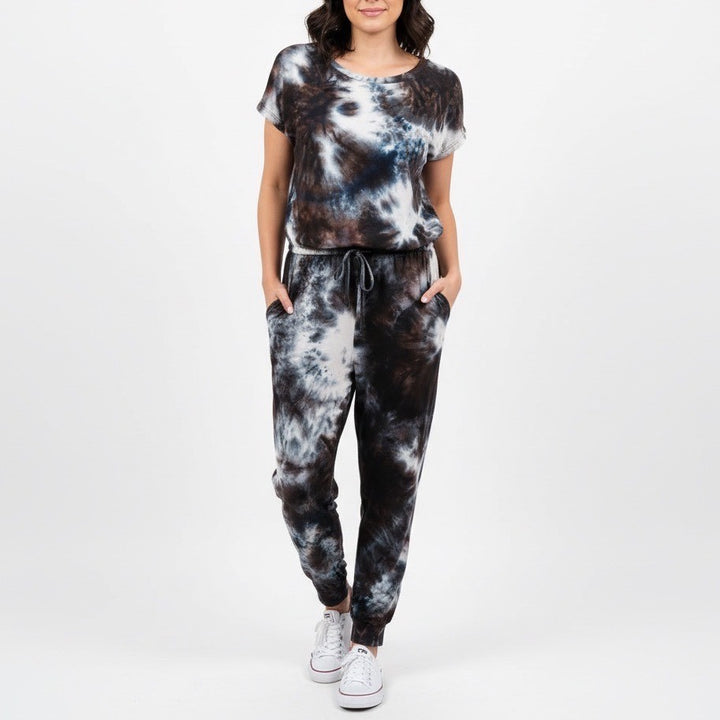 PRETTY GARDEN Tie Dye Jumpsuit Long Sleeve Scoop Neck Drawstring Waist L