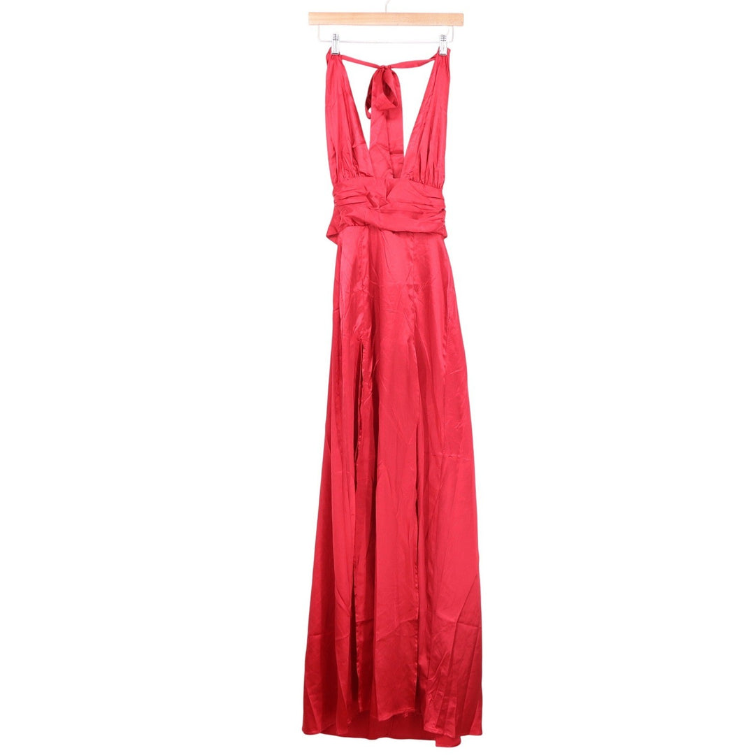 Lucy In The Sky Red Satin Halter Maxi Dress Deep V-Neck Wrap Waist Size S