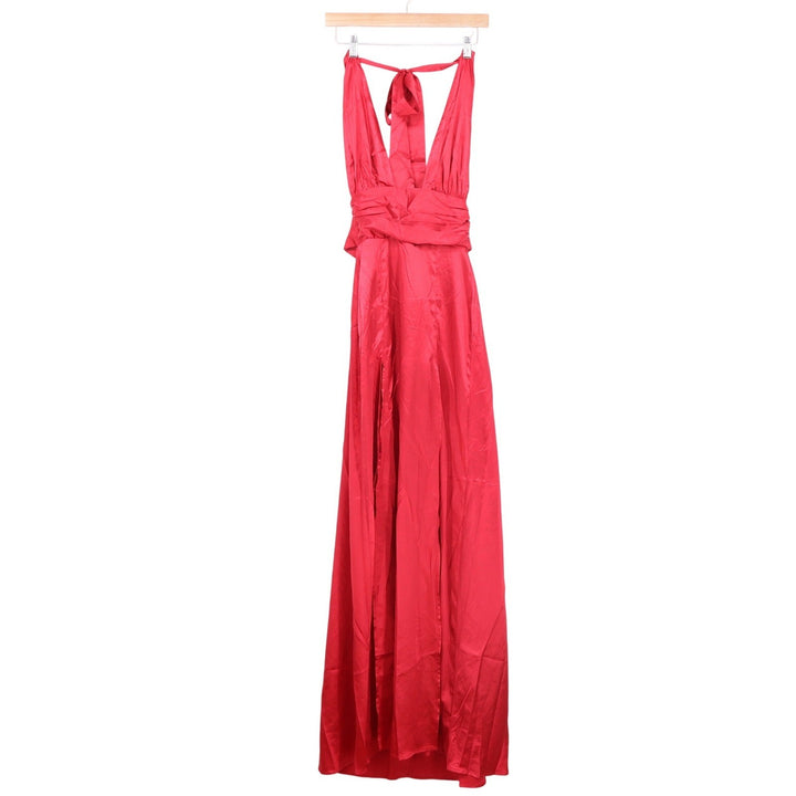 Lucy In The Sky Red Satin Halter Maxi Dress Deep V-Neck Wrap Waist Size S
