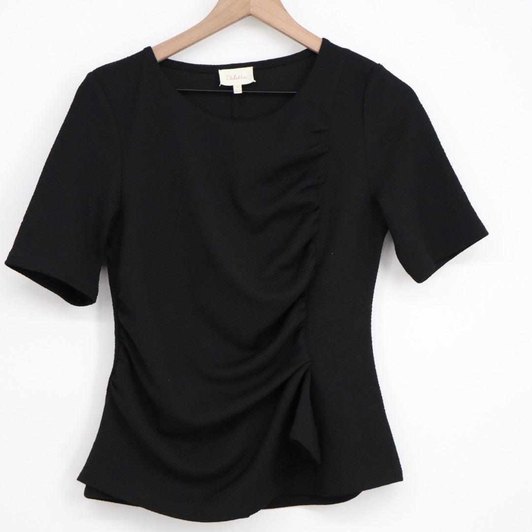 Deletta T-Shirt Womens Medium Black Ruched Front Short Sleeve Round Neck Outdoor