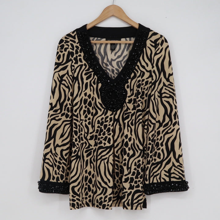 INC International Concepts Petite Animal Print Beaded V-Neck Tunic Top Black S