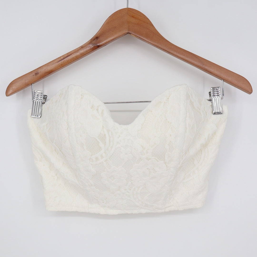 Naked Wardrobe White Floral Lace Strapless Sweetheart Corset Crop Top S
