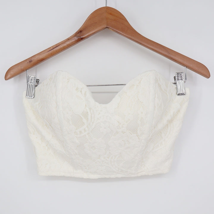Naked Wardrobe White Floral Lace Strapless Sweetheart Corset Crop Top S