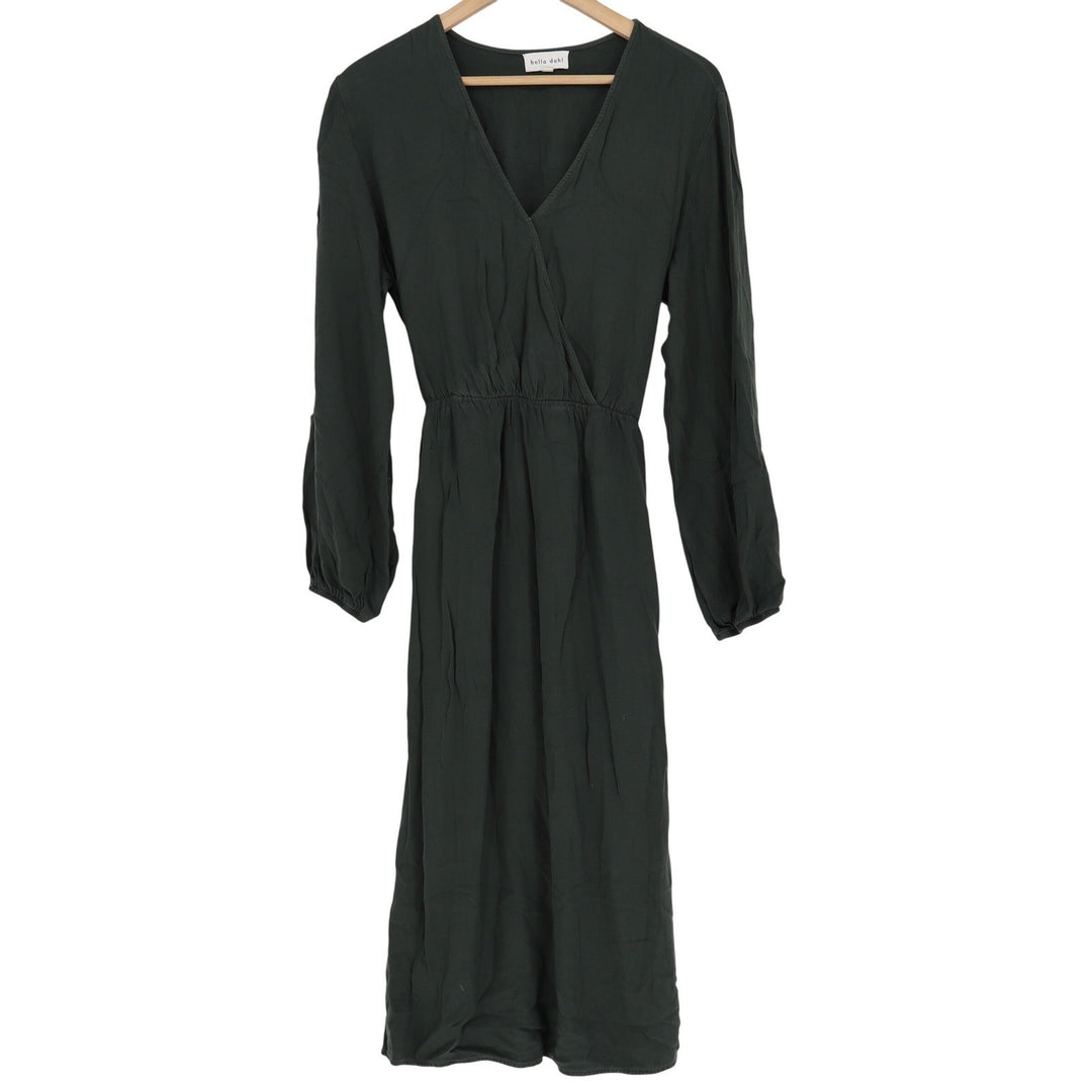 Bella Dahl Dark Green Long Sleeve Midi Dress V-Neck Elastic Waist M