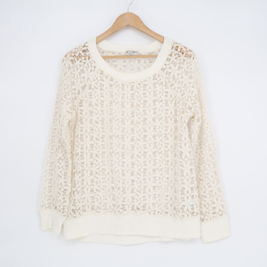 Halogen Womens XS Cream White Open Knit Crochet Cotton Long Sleeve Top