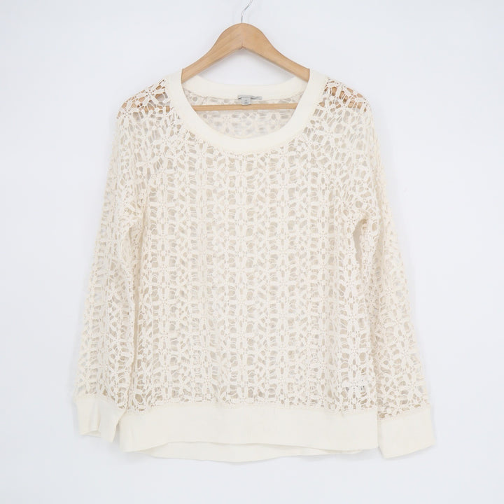 Halogen Womens XS Cream White Open Knit Crochet Cotton Long Sleeve Top