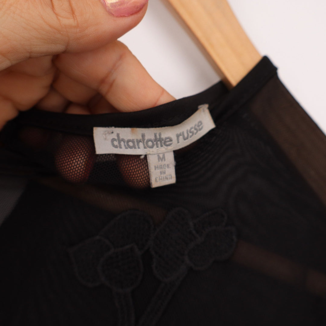 Charlotte Russe Bodysuit Womens M Black Floral Mesh Sheer Excellent