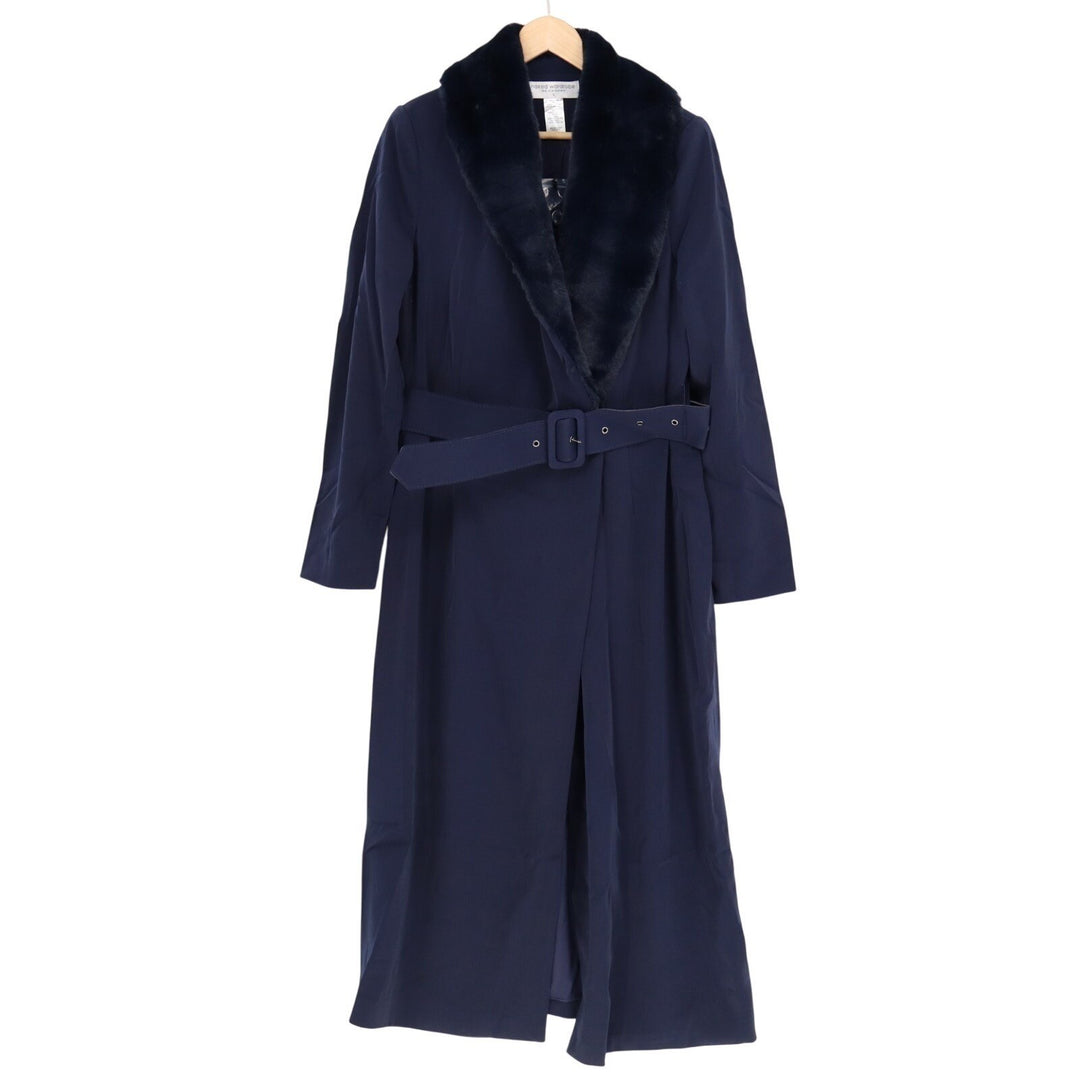 Naked Wardrobe The Statement Trench Coat Womens L Navy Stretch Fur Shawl Collar