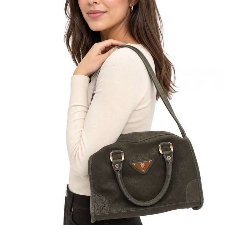 Verdi Satchel Bag Womens OS Olive Green Textured Gold Hardware Strap Good