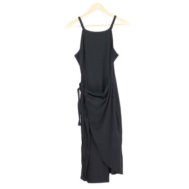 Fashion Black Wrap Front Midi Dress High Neck Sleeveless Side Tie Size L