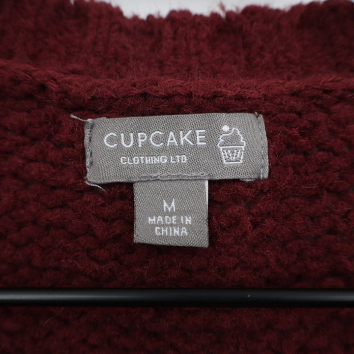Cupcake Cardigan Sweater Womens Medium Maroon Chunky Cable Knit Long Sleeve