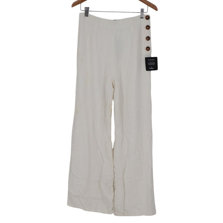 Lulus Pants Womens Medium Cream Lined Linen Blend Casual Wide Leg Side Buttons