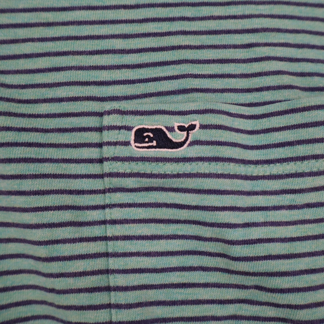 Vineyard Vines Mens M Green Navy Striped Short Sleeve Whale Logo Polo Shirt