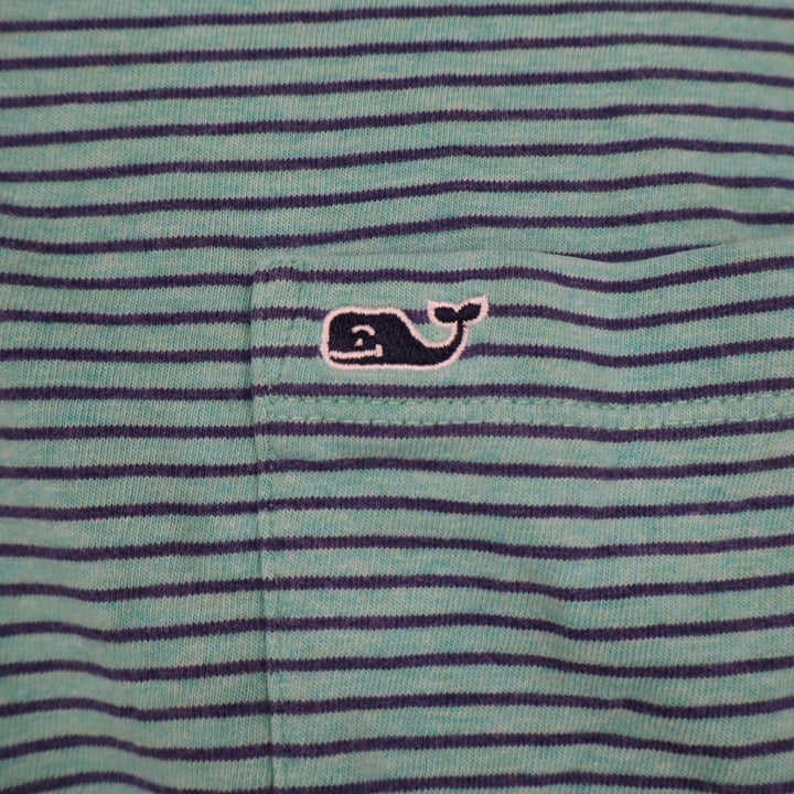 Vineyard Vines Mens M Green Navy Striped Short Sleeve Whale Logo Polo Shirt