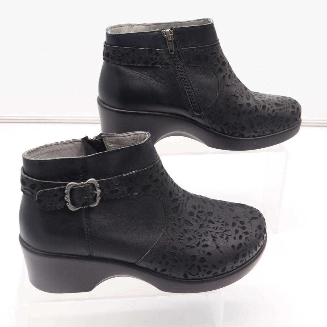 Alegria Cicely Black Leather Laser Cut Floral Ankle Wedge Boots Size 38