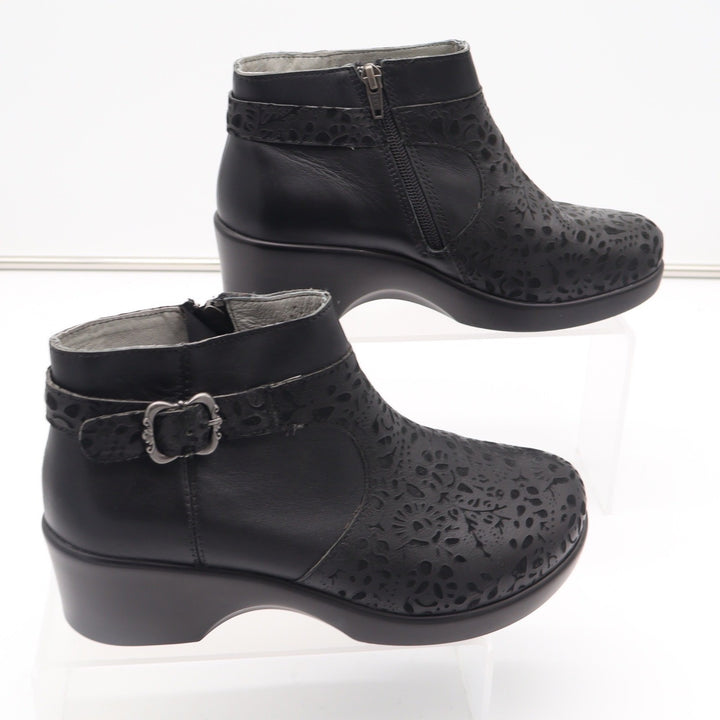 Alegria Cicely Black Leather Laser Cut Floral Ankle Wedge Boots Size 38