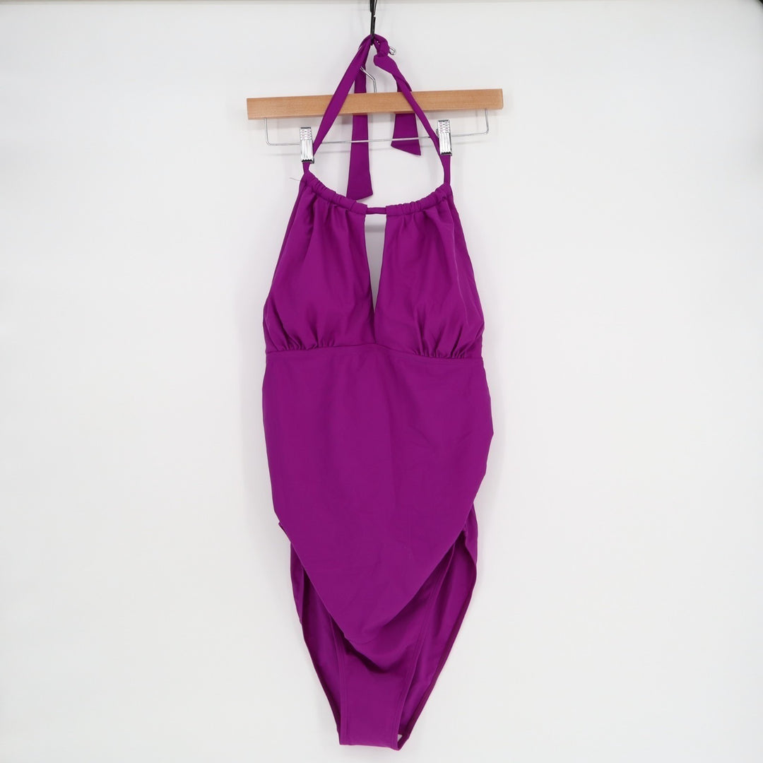 Bodysuit One Piece Womens Purple Pleated Padded Sleeveless Halter Neck