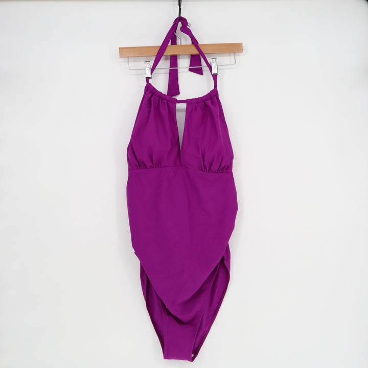 Bodysuit One Piece Womens Purple Pleated Padded Sleeveless Halter Neck