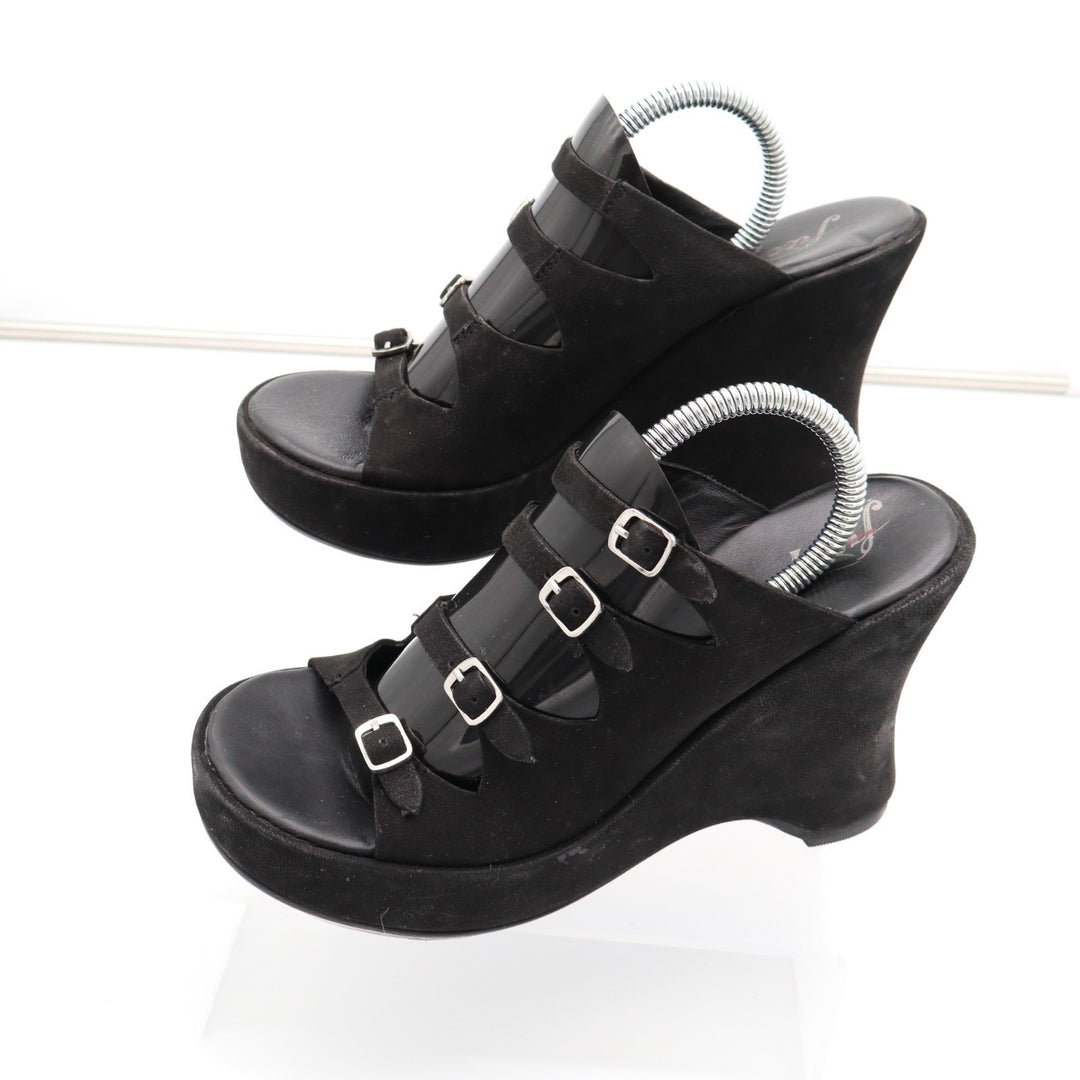 Free People Huffman Strappy Womens EU 37 Black Suede Buckle Slip On Wedge Sandal