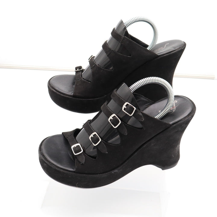 Free People Huffman Strappy Womens EU 37 Black Suede Buckle Slip On Wedge Sandal