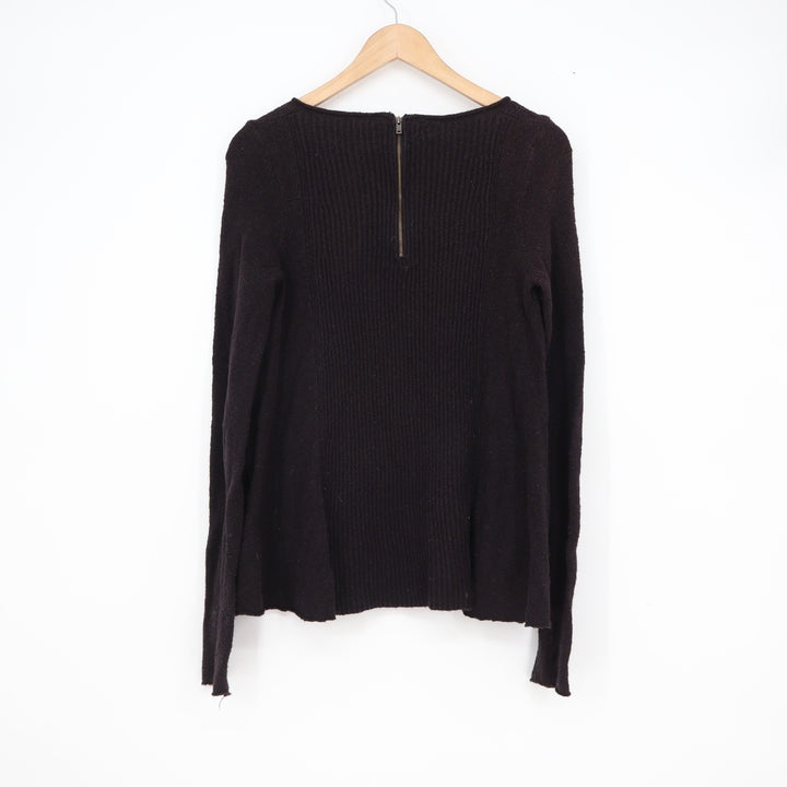 Free People Ribbed Knit Scoop Neck Long Sleeve Top Black XS Exposed Back Zipper
