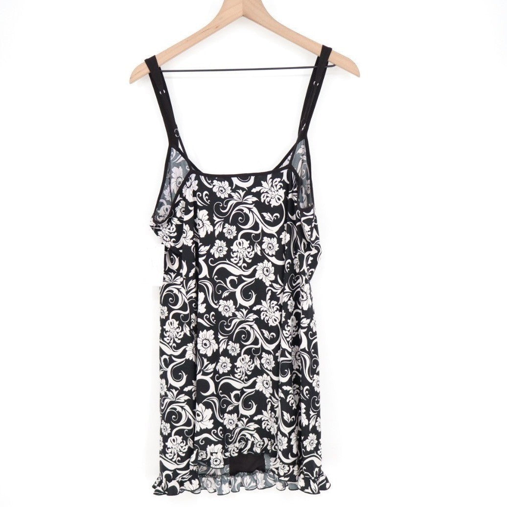 Studio Donatella Pajama Top Womens Large Black White Floral Stretch Ruffle Hem