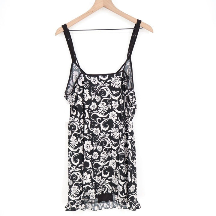 Studio Donatella Pajama Top Womens Large Black White Floral Stretch Ruffle Hem