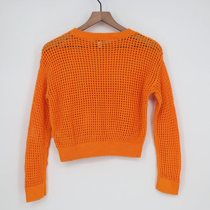 Calvin Klein Jeans Crop Sweater Womens XS Bright Orange Open Knit Cotton Ribbed
