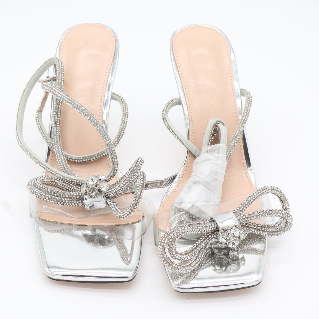 Silver Rhinestone Double Bow Wrap Around Square Toe Stiletto Heels Size 9