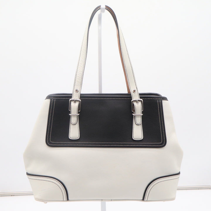 Coach Hamptons Black White Leather Colorblock Tote Shoulder Bag Buckle Detail