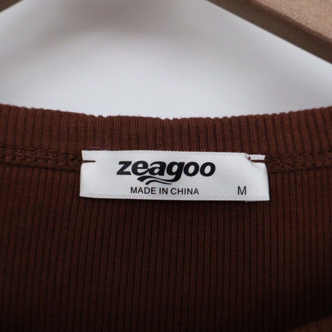 Zeagoo Brown Ribbed Long Sleeve Crew Neck Top Size M