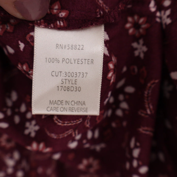 Max Studio Burgundy Floral Smocked Mock Neck Tie Blouse Large