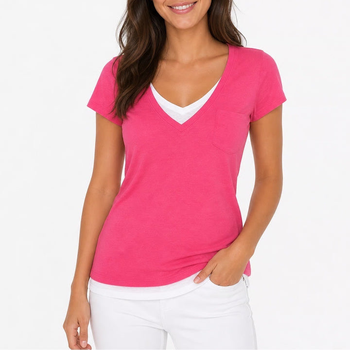 Style & Co Womens Hot Pink Faux Layered V-Neck Pocket T-Shirt Size M