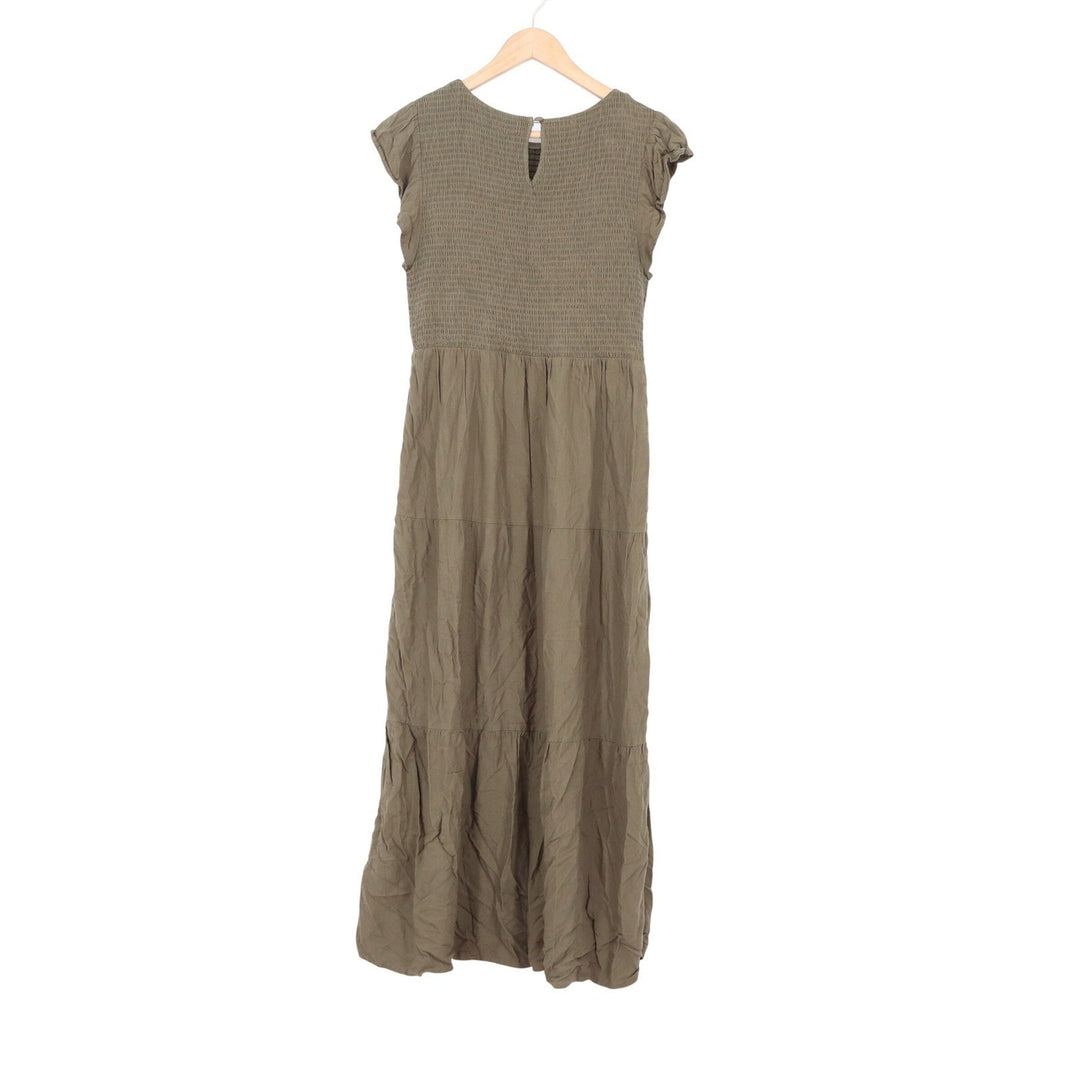 ZESICA Smocked Flutter Sleeve Tiered Maxi Dress Olive Green Large