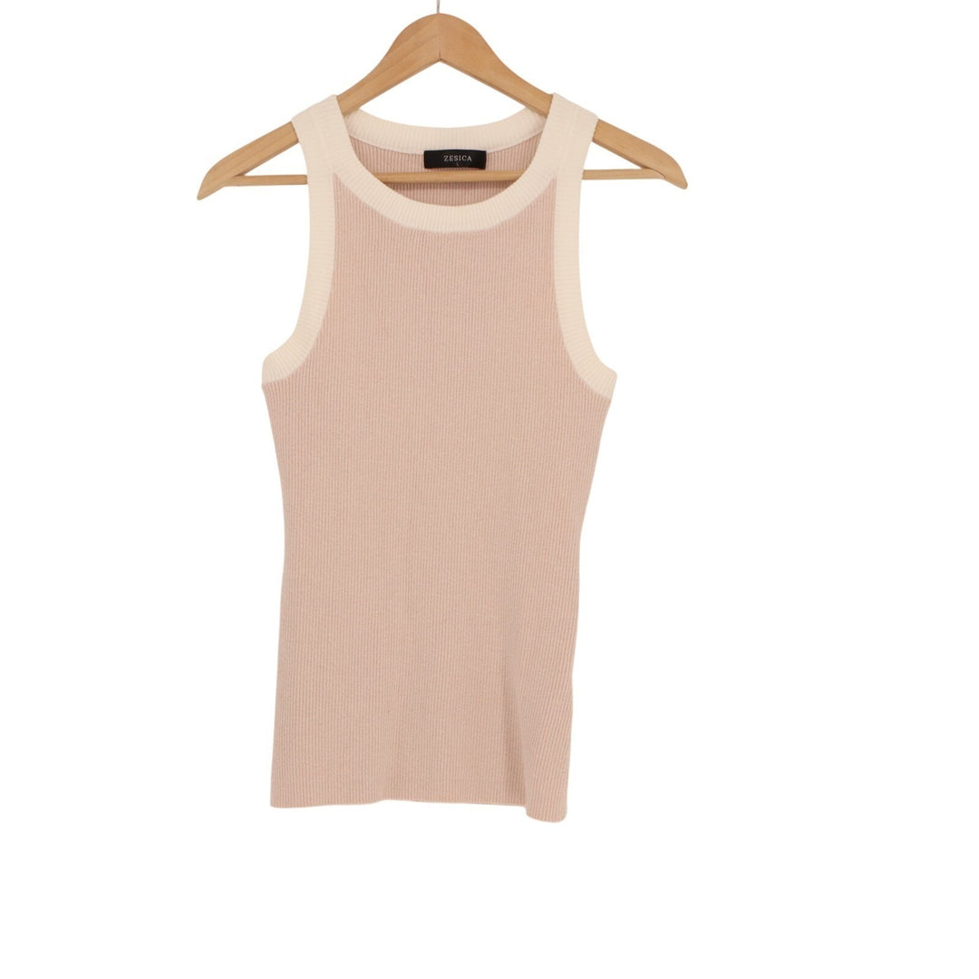 Zesica Knit Tank Top Women Large Pink Cream Contrast Trim Ottoman Ribbed Viscose