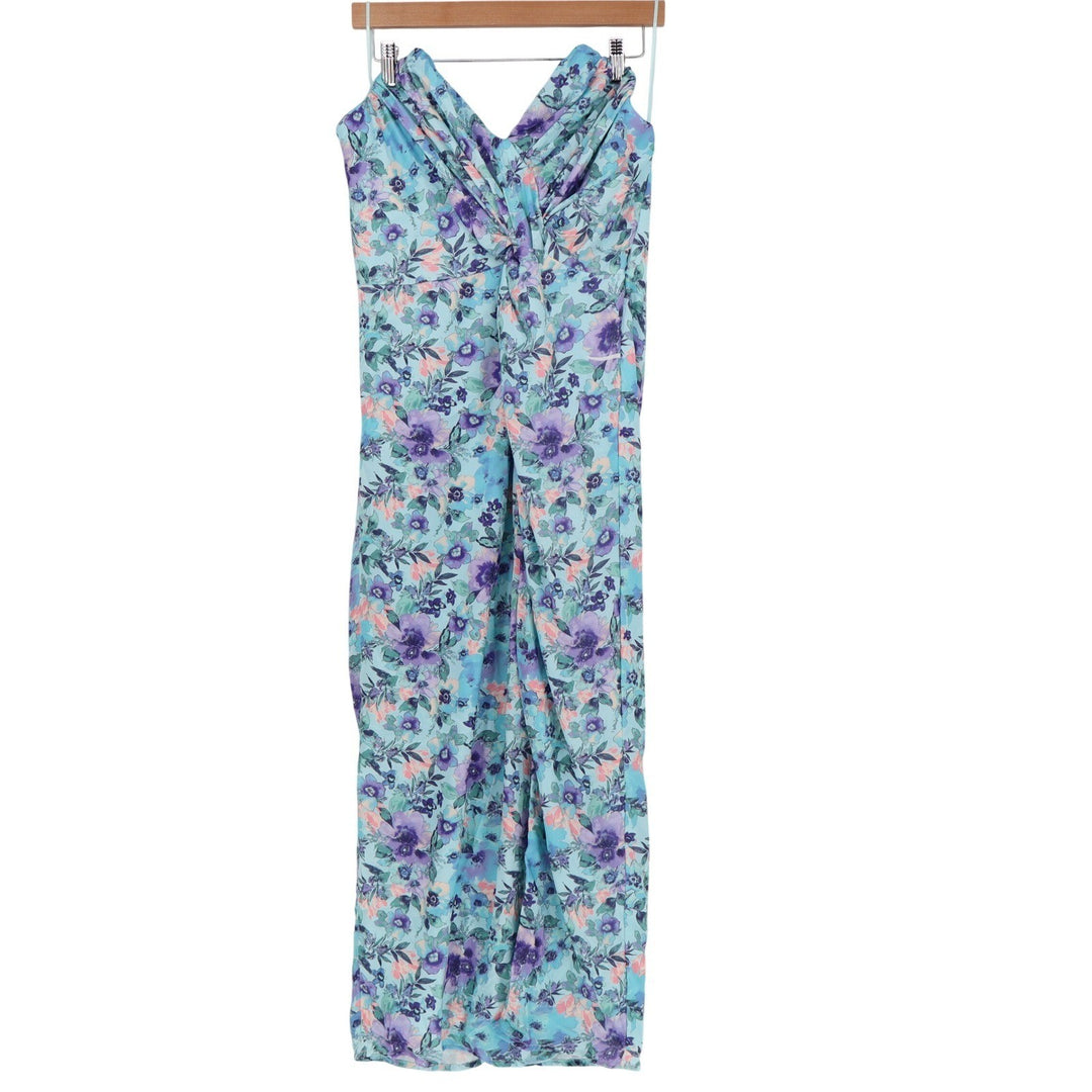 Dee Elly Floral Twist Front Strapless Midi Dress Aqua Purple Large