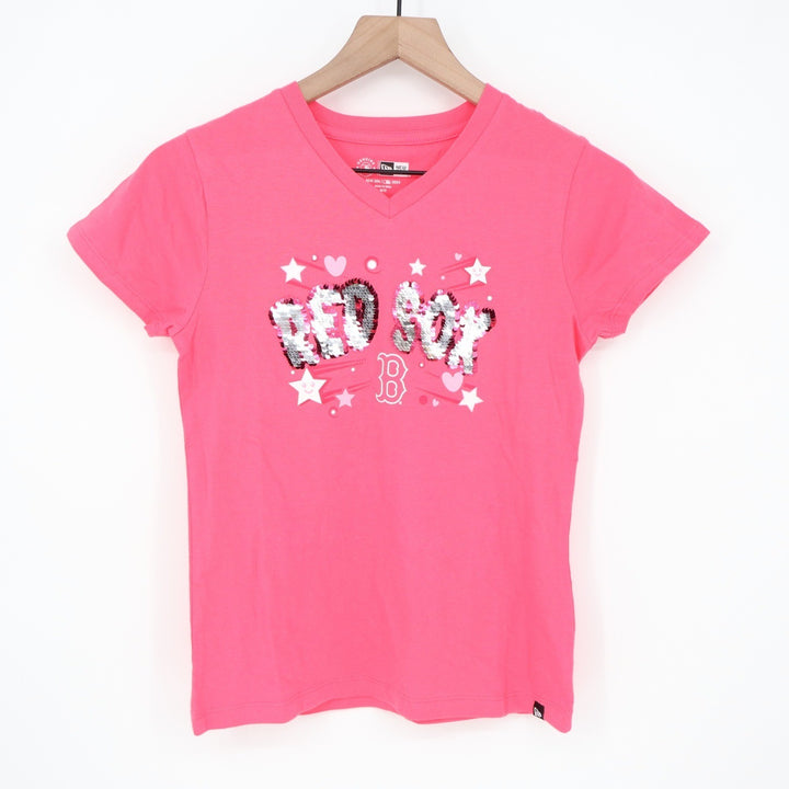 New Era Boston Red Sox Girls Pink Sequin V-Neck T-Shirt Size 10/12 MLB