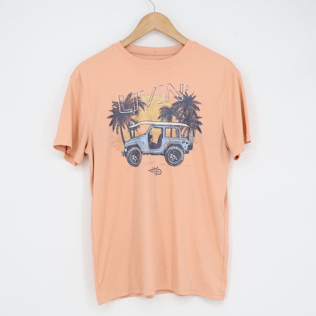 Reel Life Mens Livin Graphic T-Shirt Peach Orange Surf Jeep Palm Trees Small