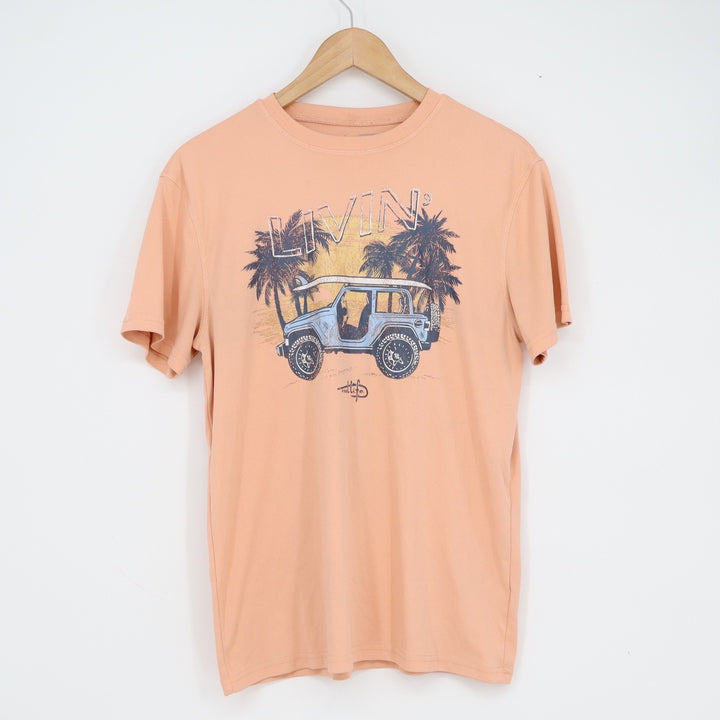 Reel Life Mens Livin Graphic T-Shirt Peach Orange Surf Jeep Palm Trees Small