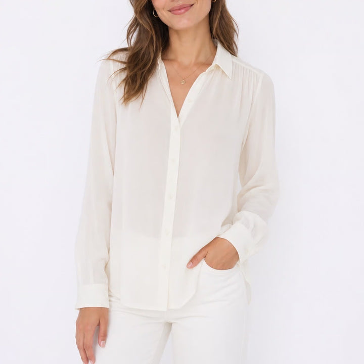 H&M Womens Cream Recycled Polyester Button Down Blouse Long Sleeve Size M