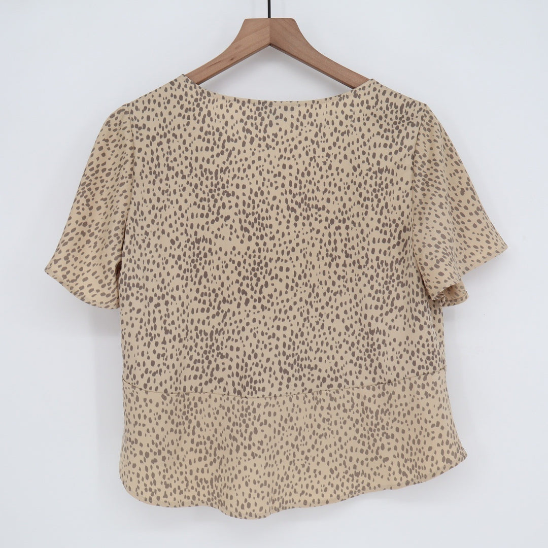 Express Womens Petite Small Tan Animal Print V-Neck Button Front Peplum Blouse