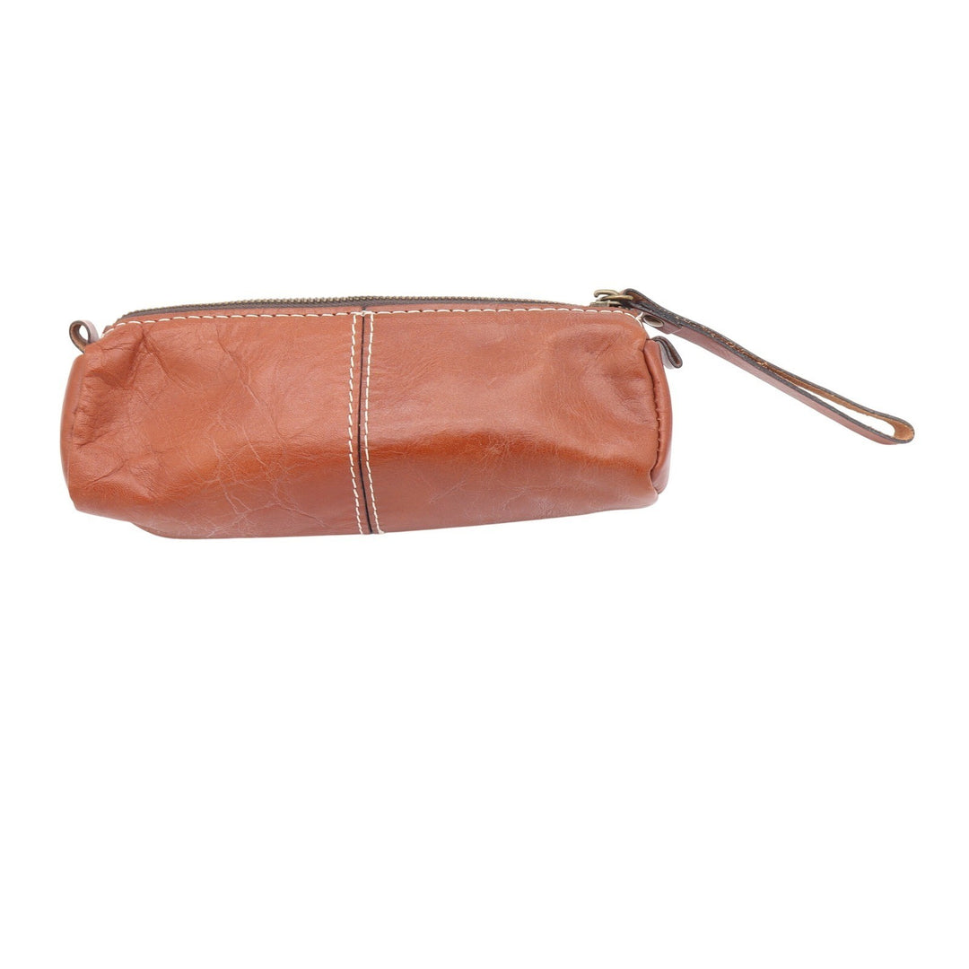 Patricia Nash Tan Leather Cosmetic Pouch Pencil Case Contrast Stitching
